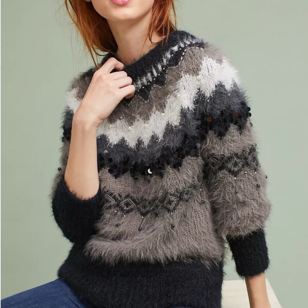 Anthropologie Black and Gray Patterned Sweater